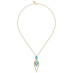 Best Gabriel & Co. 14K Yellow Gold Bujukan and Blue Topaz Pear Shape Pendant Drop Necklace