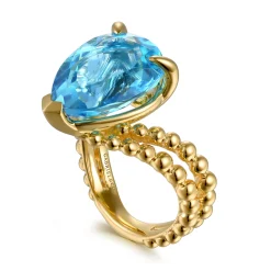Gabriel & Co. 14K Yellow Gold Bujukan and Blue Topaz Chevron Ring