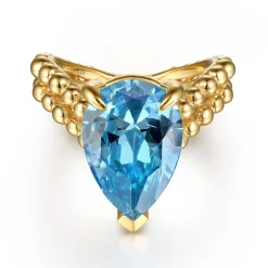 Gabriel & Co. 14K Yellow Gold Bujukan and Blue Topaz Chevron Ring