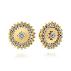 Gabriel & Co. 14K Yellow Gold Bujukan and Diamond Medallion Stud Earrings