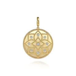 Outlet Gabriel & Co. 14K Yellow Gold Bujukan and Diamond Medallion Pendant in size 32mm With Detachable Bail