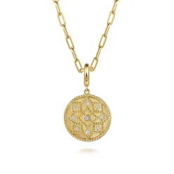 Gabriel & Co. 14K Yellow Gold Bujukan and Diamond Medallion Pendant in size 18mm With Detachable Bail