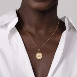 Gabriel & Co. 14K Yellow Gold Bujukan and Diamond Medallion Pendant in size 18mm With Detachable Bail