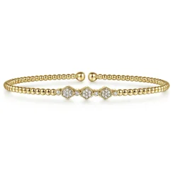 New Gabriel & Co. 14K Yellow Gold Bujukan Bead and Hexagon Cluster Diamond Bangle