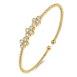 Online Gabriel & Co. 14K Yellow Gold Bujukan Bead Cuff Bracelet with Three Quatrefoil Diamond Stations
