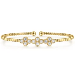Online Gabriel & Co. 14K Yellow Gold Bujukan Bead Cuff Bracelet with Three Quatrefoil Diamond Stations