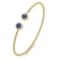 Best Gabriel & Co. 14K Yellow Gold Bujukan Bead Cuff Bracelet with Sapphire and Diamond Halo Caps