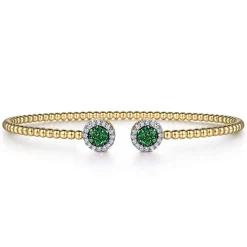 Gabriel & Co. 14K Yellow Gold Bujukan Bead Cuff Bracelet with Emerald and Diamond Halo Caps