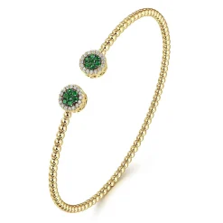 Gabriel & Co. 14K Yellow Gold Bujukan Bead Cuff Bracelet with Emerald and Diamond Halo Caps