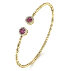 Outlet Gabriel & Co. 14K Yellow Gold Bujukan Bead Cuff Bracelet with Ruby and Diamond Halo Caps