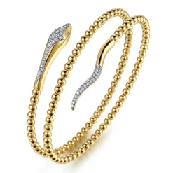 Gabriel & Co. 14K Yellow Gold Bujukan Beaded and Diamond Snake Wrapped Bangle Bracelet