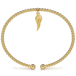 Hot Gabriel & Co. 14K Yellow Gold Bujukan Beaded Angel Wing Charm Cuff Bangle Bracelet