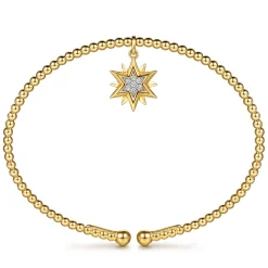 Sale Gabriel & Co. 14K Yellow Gold Bujukan Beaded Diamond and Diamond Cut Starburst Charm Cuff Bangle Bracelet