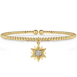 Sale Gabriel & Co. 14K Yellow Gold Bujukan Beaded Diamond and Diamond Cut Starburst Charm Cuff Bangle Bracelet