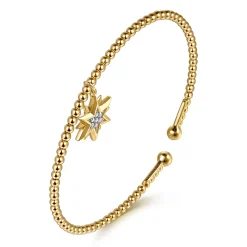 Sale Gabriel & Co. 14K Yellow Gold Bujukan Beaded Diamond and Diamond Cut Starburst Charm Cuff Bangle Bracelet
