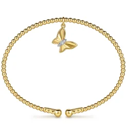 New Gabriel & Co. 14K Yellow Gold Bujukan Beaded Diamond and Diamond Cut Butterfly Charm Cuff Bangle Bracelet