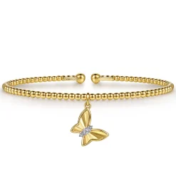 New Gabriel & Co. 14K Yellow Gold Bujukan Beaded Diamond and Diamond Cut Butterfly Charm Cuff Bangle Bracelet