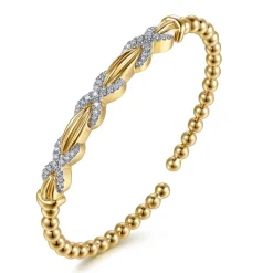New Gabriel & Co. 14K Yellow Gold Bujukan Beaded Diamond Criss Cross Cuff Bangle Bracelet