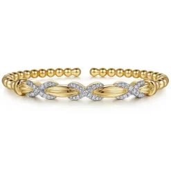 New Gabriel & Co. 14K Yellow Gold Bujukan Beaded Diamond Criss Cross Cuff Bangle Bracelet