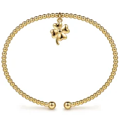 Hot Gabriel & Co. 14K Yellow Gold Bujukan Beaded Four Leaf Clover Charm Cuff Bangle Bracelet
