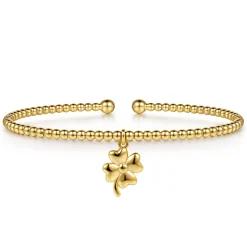 Hot Gabriel & Co. 14K Yellow Gold Bujukan Beaded Four Leaf Clover Charm Cuff Bangle Bracelet