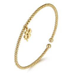 Hot Gabriel & Co. 14K Yellow Gold Bujukan Beaded Four Leaf Clover Charm Cuff Bangle Bracelet