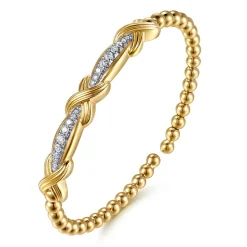 Gabriel & Co. 14K Yellow Gold Bujukan Beaded Graduating Diamond Criss Cross Cuff Bangle Bracelet