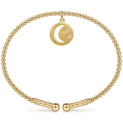 Gabriel & Co. 14K Yellow Gold Bujukan Beaded Moon and Diamond Star Cuff Bangle Bracelet