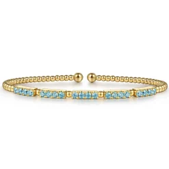 Sale Gabriel & Co. 14K Yellow Gold Bujukan Beads and Blue Topaz Split Bangle Bracelet