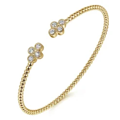 Sale Gabriel & Co. 14K Yellow Gold Bujukan Bead Split Cuff Bracelet with Quatrefoil Diamond Endcaps