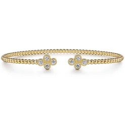 Sale Gabriel & Co. 14K Yellow Gold Bujukan Bead Split Cuff Bracelet with Quatrefoil Diamond Endcaps