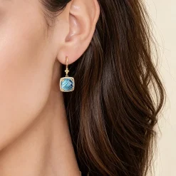 Discount Gabriel & Co. 14K Yellow Gold Bujukan Cushion Blue Topaz’s with Diamond Halo Earrings