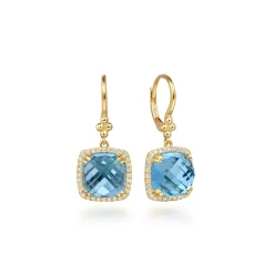 Discount Gabriel & Co. 14K Yellow Gold Bujukan Cushion Blue Topaz’s with Diamond Halo Earrings