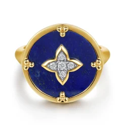 Sale Gabriel & Co. 14K Yellow Gold Bujukan Diamond Clover Signet Ring