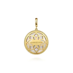 Sale Gabriel & Co. 14K Yellow Gold Bujukan Diamond Mother of Pearl Starburst Medallion Pendant With Detachable Bail