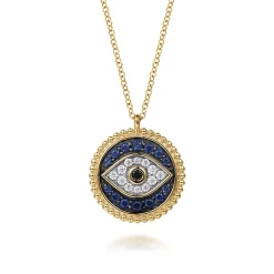 Hot Gabriel & Co. 14K Yellow Gold Bujukan Diamond Blue Sapphire and Black Spinel Evil Eye Pendant Necklace