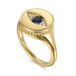 Outlet Gabriel & Co. 14K Yellow Gold Bujukan Diamond and Sapphire Evil Eye Signet Ladies Ring