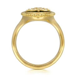 Clearance Gabriel & Co. 14K Yellow Gold Bujukan Elongated Oval Onyx Inlay Starburst Signet Ring