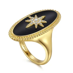 Clearance Gabriel & Co. 14K Yellow Gold Bujukan Elongated Oval Onyx Inlay Starburst Signet Ring