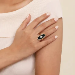 Clearance Gabriel & Co. 14K Yellow Gold Bujukan Elongated Oval Onyx Inlay Starburst Signet Ring