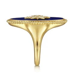 Sale Gabriel & Co. 14K Yellow Gold Bujukan Elongated Oval Lapis Inlay Starburst Signet Ring