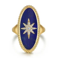 Sale Gabriel & Co. 14K Yellow Gold Bujukan Elongated Oval Lapis Inlay Starburst Signet Ring