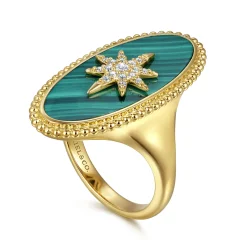 Clearance Gabriel & Co. 14K Yellow Gold Bujukan Elongated Oval Malachite Inlay Starburst Signet Ring