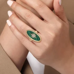 Clearance Gabriel & Co. 14K Yellow Gold Bujukan Elongated Oval Malachite Inlay Starburst Signet Ring