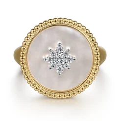 Discount Gabriel & Co. 14K Yellow Gold Bujukan Mother of Pearl Inlay and Diamond Starburst Signet Ring