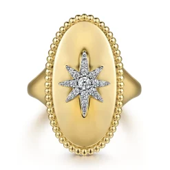 New Gabriel & Co. 14K Yellow Gold Bujukan Oval Diamond Starburst Signet Ring