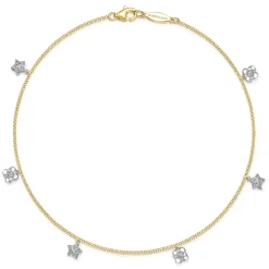 Best Gabriel & Co. 14K Yellow Gold Chain Ankle Bracelet with White Gold Diamond Flower and Star Charms
