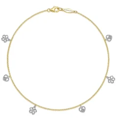 Gabriel & Co. 14K Yellow Gold Chain Ankle Bracelet with White Gold Diamond Flower and Heart Charms
