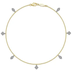 Hot Gabriel & Co. 14K Yellow Gold Chain Ankle Bracelet with White Gold Diamond Leaf and Square Charms