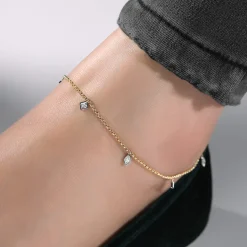 Hot Gabriel & Co. 14K Yellow Gold Chain Ankle Bracelet with White Gold Diamond Leaf and Square Charms